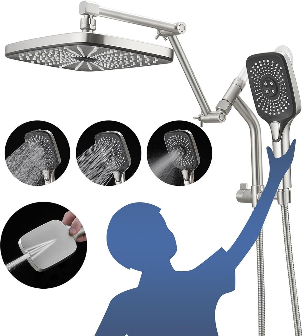 12" High Pressure Rain/Rainfall Shower Heads With Handheld Spray Combo (3+1 Settings & Built-in Power Wash Mode), Double/Dual Shower Head With Handheld - Height/Angle Adjustable(Brushed Nickel)