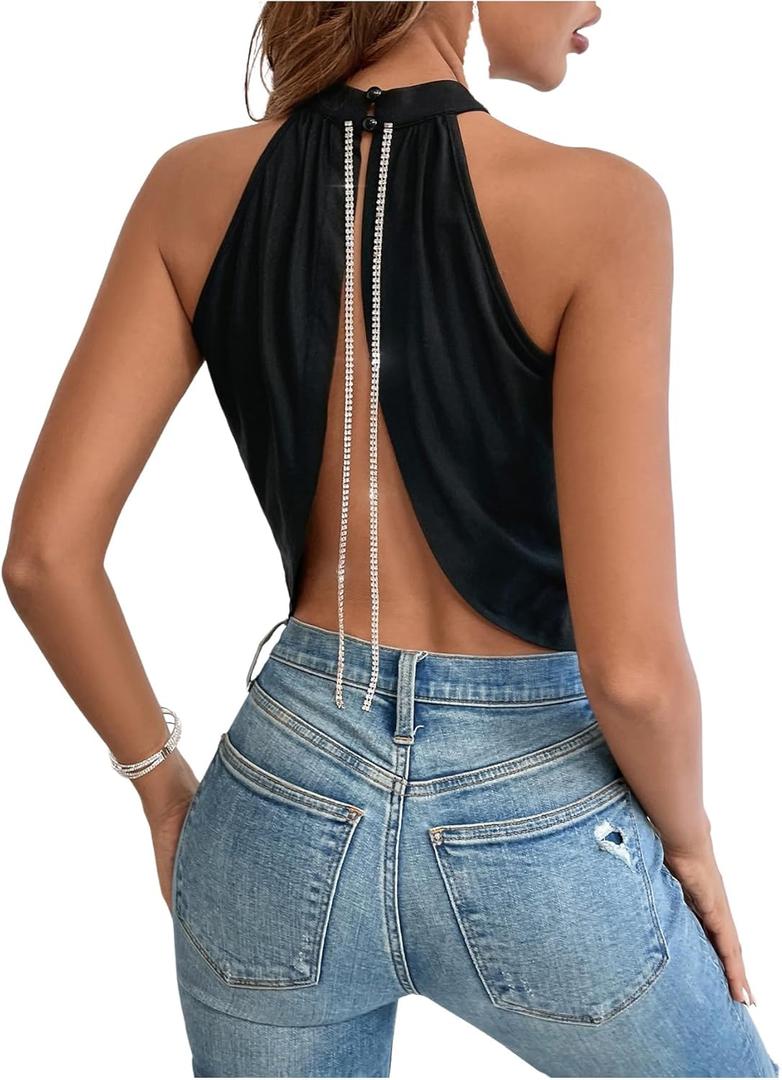GORGLITTER Women's Rhinestone Open Back Halter Tops Sleeveless Wrap Crop Top Club Going Out Tops Black X-Small
