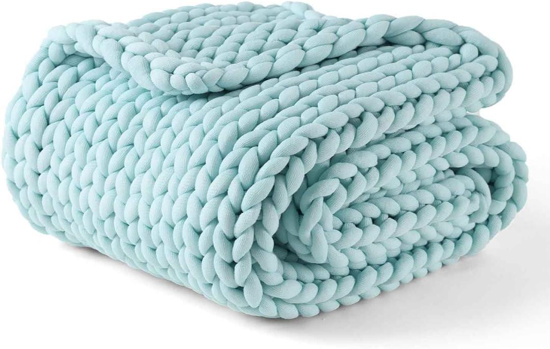 YnM Chunky Throw Blanket, Medium-Weight, Hand Knitted, Skin Friendly, Ventilated and Breathable, Machine Washable, Home Décor Piece for Couch, Sofa and Bed (Aqua Blue, 50x70 Inch)