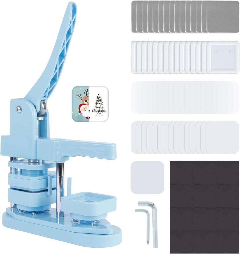 Magnet Button Maker Machine 50mm/1.97 in, Square Photo Magnet Maker Machine, DIY Fridge Badges Magnet Making Kit with 100 Sets Square Button Maker Supplies, Ideal for School, Parties, Events