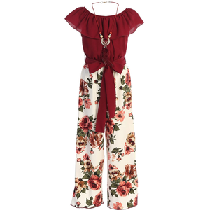 Little Girls Sleeveless Relax Fit Jumpsuit Chiffon Belt Floral Romper Jumpsuit Size 10