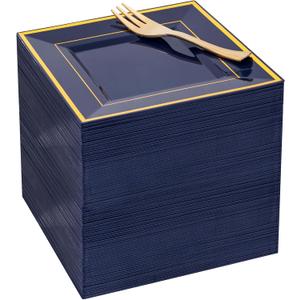 WDF 200PCS Blue Plastic Dessert Plates with Plastic Forks -6 100 Square Disposable Appetizer Plates Small Cake Plates with Gold&100 Navy Blue Small Appetizer Forks for Graduation/Independence Day