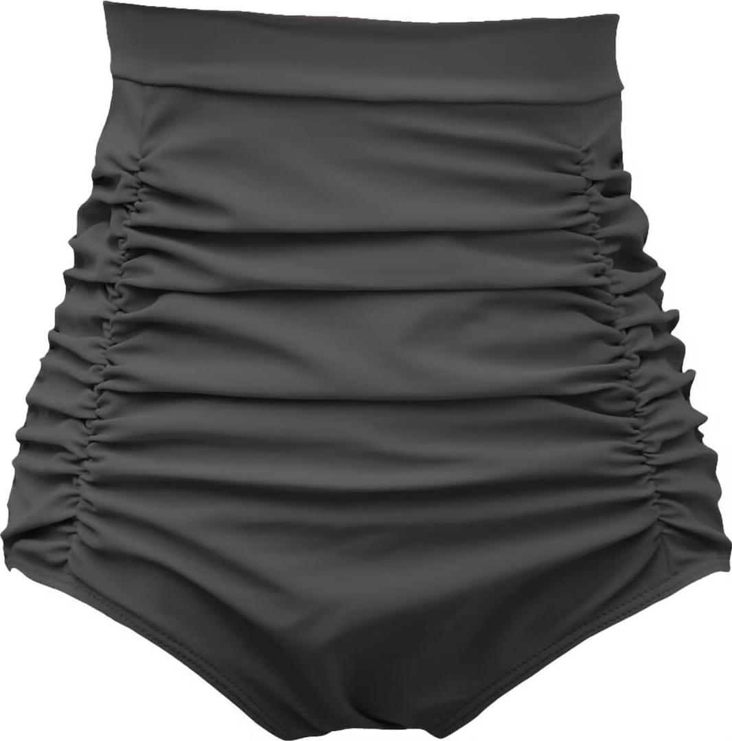 COCOPEAR Women's Ruched High Waisted Bikini Bottom Retro Vintage Swim Short Tankinis Floral 55 S (1#matte Black) Large