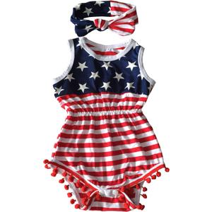 4th of July Toddler Baby Girl American Flag Tassel Romper with Headband (0-6 Months, Red)