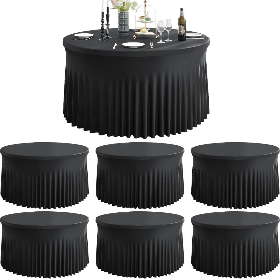 6 Pack Black Round Spandex Tablecloth for 72 inch Table, Wrinkle Free Stretchy 132inch Fitted 6FT Round Table Cloths Cover with Skirt for Wedding Birthday Party Graduation Banquet Events