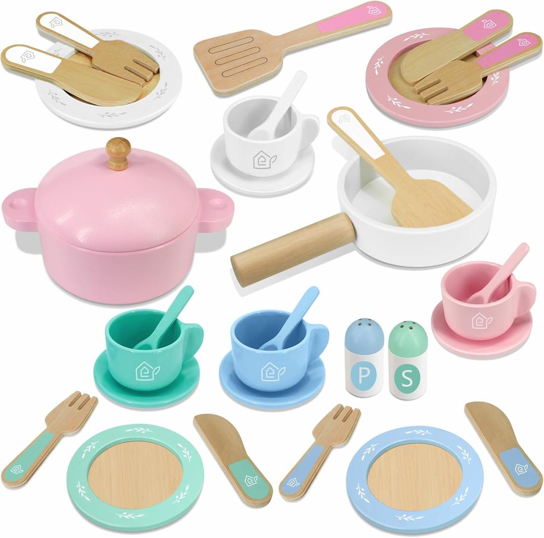 Wooden Toy Plates and Dishes for Kitchen Set, 30PCS Montessori Play Kitchen Accessories for Toddlers with Toy Pots and Pans, Wooden Play Cooking Set for 3-8 Years Girls & Boys
