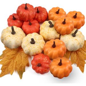 16PCS Artificial Mini Fake Pumpkins Set with Fall LeavesFoam Plastic Carvable DIY Small White Craft Pumpkins Decor for Thanksgiving Halloween Home Fall Porch Table Decor