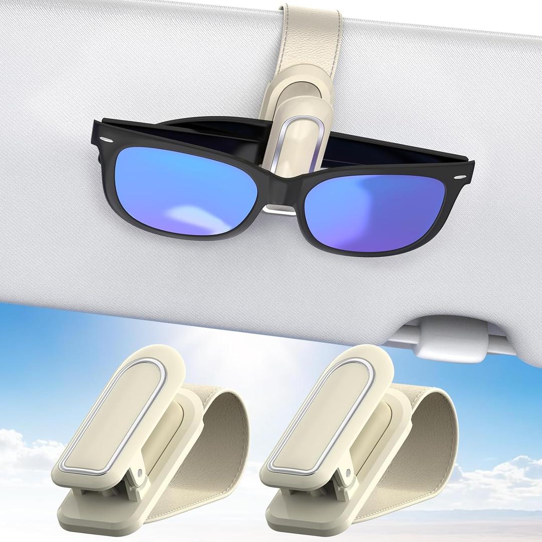Veharvim Sunglass Holder for Car (2 Pack, One-Handed Operation, Gentle & Secure Hold, Silicone Padded, Universal Fits Sunglass and Car Visor) - Sunglasses Clip for Car Visor (Beige, 2 Pack)
