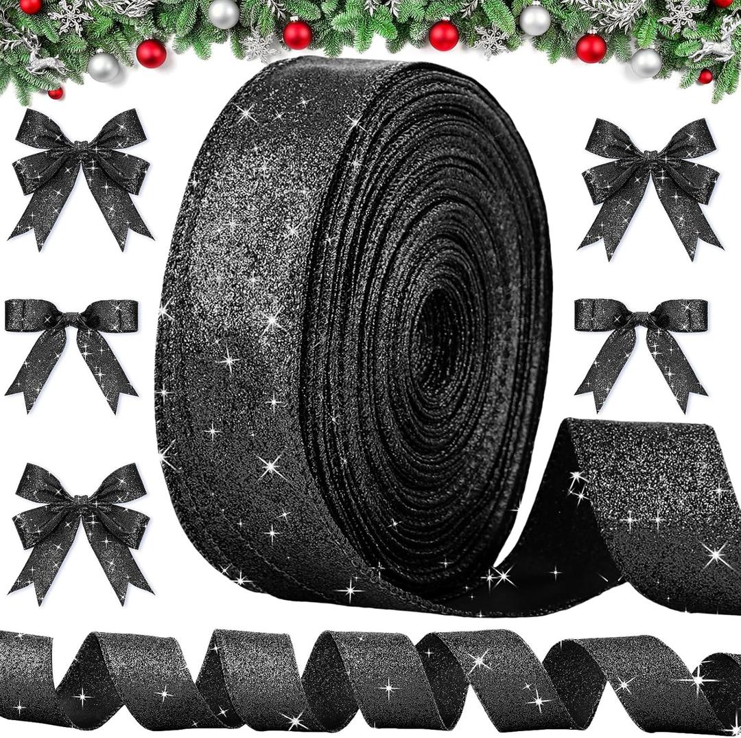 Unittype 50 Yard Black Glitter Ribbon 1.5 Inch Wired Ribbon for Gifts Wrapping, Bow Making, Wreath, DIY Crafts, Wedding, Home Decoration