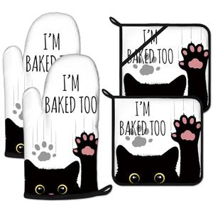 Funny Black Cat Oven Mitts and Pot Holders Sets Heat Resistant 4Pcs Potholders Oven Gloves Hot Pads for Kitchen Baking Cooking Grilling BBQ