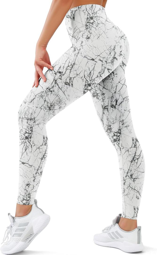 High Waisted Leggings for Women Tummy Control Buttery Soft Yoga Pants Womens Gym Workout Running Leggings (Small-Medium, Marble White)
