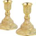OwnMy 2PCS Brass Taper Candle Holders Candle Stick Holders Set Vintage Metal Pillar Candlestick Holders, 4H Elegant Candle Stand Candelabra for Dining Table Centerpieces Wedding Home Decoration, Gold