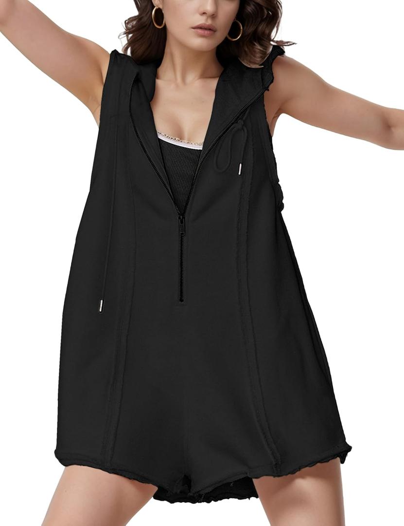 Rompers for Women Athletic Workout Hooded Romper Casual Zip-Front Neck Jumpsuits Overalls with Pockets (X-Small, Black)