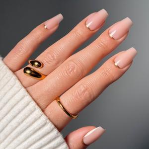 Glamnetic Press On Nails - Medium Coffin Fake Nails, Nude Neutral Nails with Gold Reverse French Tip, Gold Goals | 15 Sizes - 30 Nail Kit with Glue | Gift for Mom