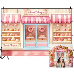 Donut Sweet Shop Backdrops for Photoshoot, Pink Bakery Girls Tea Birthday Party Picture Decorations Wall Backdrop for Photography Decor Banner, Photographic Studio Photo Backgrounds 7X5 FT