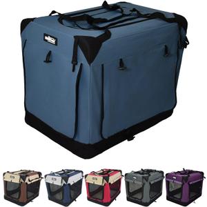 EliteField 4-Door Folding Soft Dog Crate with Curtains, Carrying Bag and Fleece Bed , Indoor & Outdoor Pet Home (42" L x 28" W x 32" H, Blue Gray+4 Door Curtains)