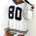 FASHGL Women Y2K Sweater Oversized Streetwear Sweaters Long Sleeve V Neck Pullover Jumper Knit Top Cute Number Graphic Top (White, M)