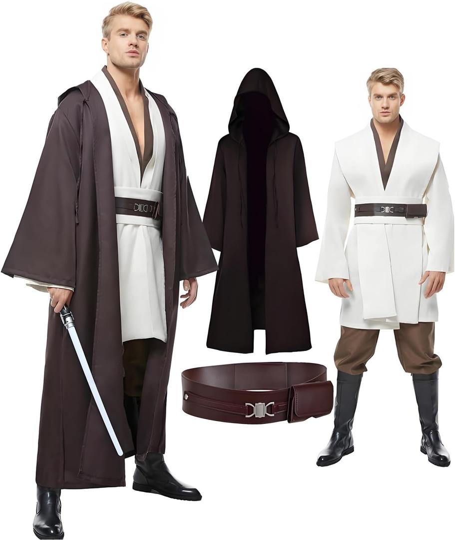 Men's Tunic Cosplay Costume Adults Outfits Halloween Robe Hooded Uniform Full Set (Brown, XXL)