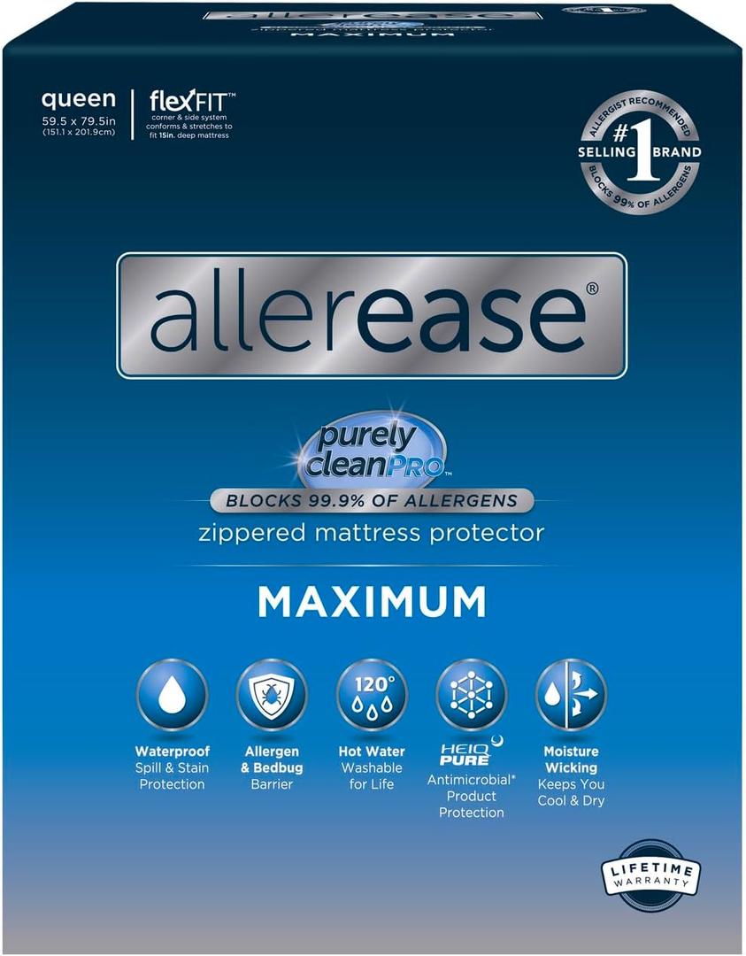 AllerEase Maximum Waterproof Allergy Zippered Mattress Protector, Queen