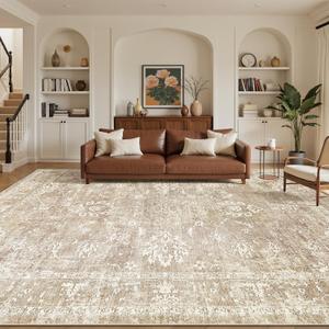 Madane 9x12 Area Rugs for Living Room, Machine Washable Rug with Non-Slip Backing, Soft Vintage Large Throw Rug, Floral Print Floor Neutral Carpet for Bedroom Dining Room (9 x 12, Beige/Brown)