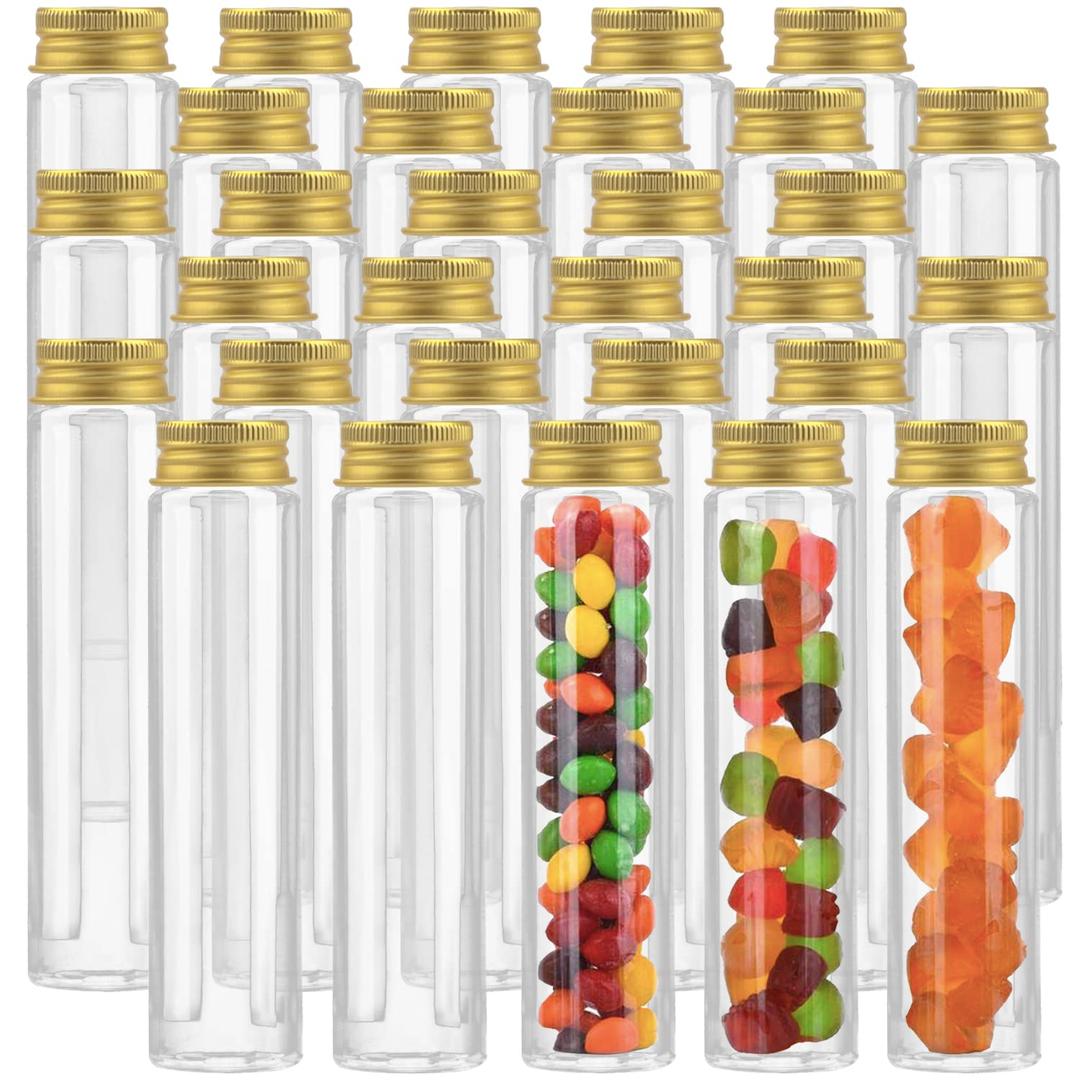 Clear Test Tube,36 Pack Clear Plastic Test Tubes Candy Tube Transparent Test Tubes with Cap,Flat Bottomed Plastic Tubes Bath Salt Container,3.7 OZ (Gold Cap)