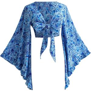 BEAUDRM Women's Boho Tops Wrap Western Country Concert 70s Outfits Tie Front Long Bell Sleeve Tops Hippie Disco Clothes (Blue Flower Boho, Medium)