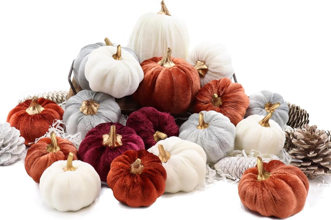 18 PCS Velvet Pumpkins for Fall Table Decor, Artificial Pumpkins, Faux Fake Pumpkin Home Decorations for Autumn Harvest, Thanksgiving, Wedding, Halloween, Table Centerpieces (Multi-Color Velvet)