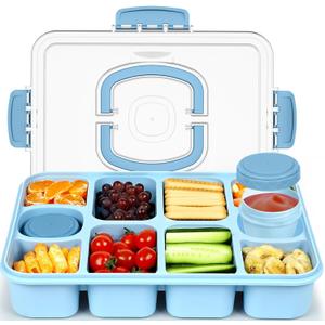 Caperci Original Snackle Box Container - 10-Compartment Divided Snack Serving Tray with Lid & Handle, Built-in 2 Dressing Containers, Leak-Proof, Dishwasher Safe, BPA-Free (Sky Blue)