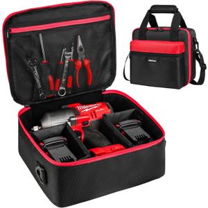 Impact Wrench Case Compatible with Milwaukee 2967-20/ Dewalt DCF900B/DCF891B/DCF961B/DCF899B Impact Wrench Kit,Tool Bag Compatible with Milwaukee Impact Battery and Charger,Bag Only (Black red)