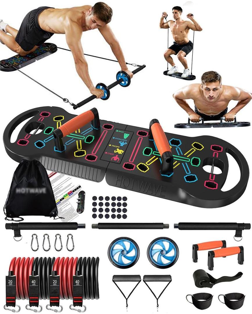 HOTWAVE Portable Exercise Equipment with 16 Gym Accessories,20 in 1 Push Up Board Fitness,Resistance Bands with Ab Roller Wheel,at Home Workout for Men (remium Kit)