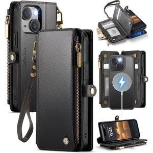 Defencase for iPhone 14 Plus Magnetic Wallet Case Compatible with Magsafe with RFID Blocking Zipper Strap Card Holder for Women Men, PU Leather Detachable Case for iPhone 14 Plus (6.7 inches), Black