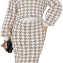 Pink Queen Women's 2 Piece Outfits Set Knit V Neck Batwing Long Sleeve Loose Top Bodycon Midi Skirt Sweater Dresses S