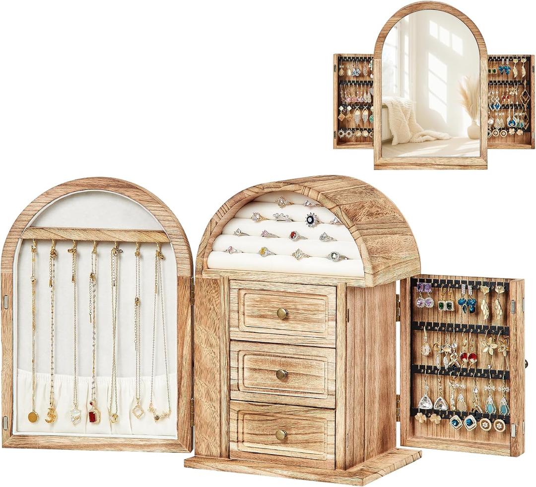 Poyilooo Jewelry Box Organizer, Solid Wood Jewelry Box Storage Necklaces Rings Earrings Bracelets with Mirror & Drawers, Christmas Gifts for Women (Carbonized Brown)