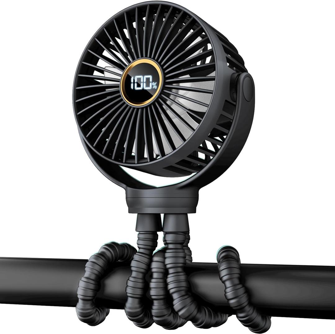 Portable Stroller Mini Fan, Small Rechargeable Personal Fan, Baby Travel Essentials for Wagon, Car Seat, Treadmill, Battery Powered Biking Gear Accessories, 360 Rotation, 3-Speed, Display, Black