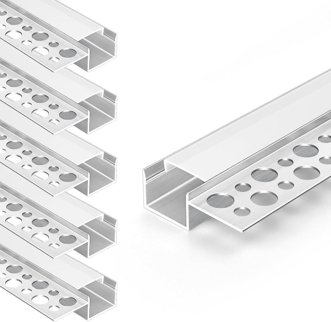 Plaster-in Recessed LED Aluminum Channel 6 Pack, 3.3FT/1M Trimless LED Strip Diffuser Profile with Milky Cover for Drywall Ceiling and Wall, Fits up to 13mm LED Strips