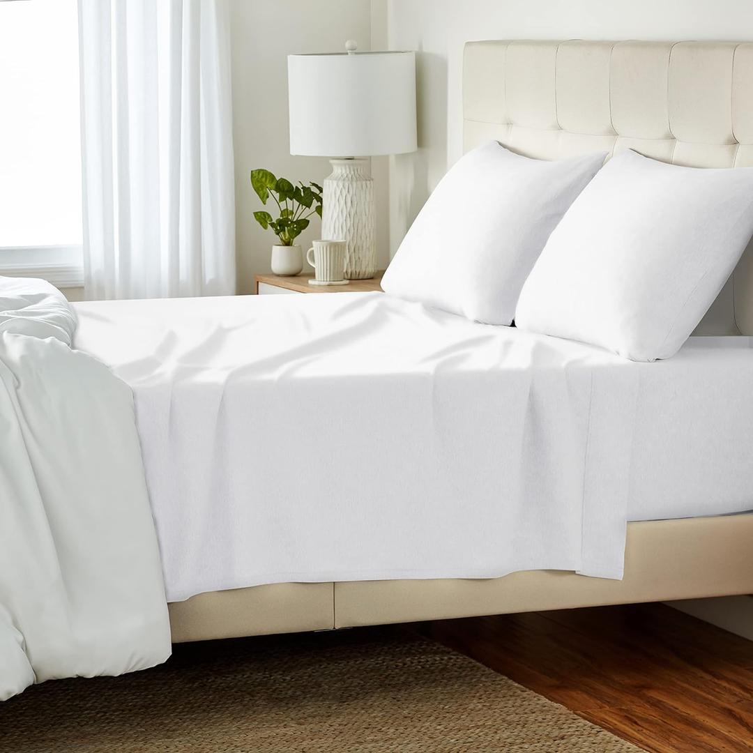 Amazon Basics 4 Piece Comfortable Cotton Jersey Bed Sheet Set, Includes Soft Flat and Fitted Sheets, Pillowcase, Queen, White, Solid