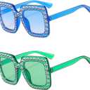 IKANOO Oversized Crystal Sunglasses for Women Square Thick Frame Bling Rhinestone Sparkling Glasses (Blue+Green)