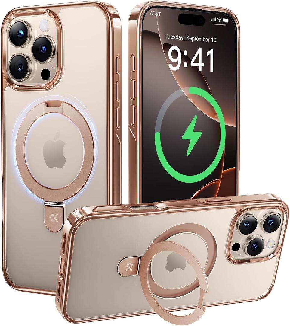 CASEKOO Desert Titanium with Magnetic Invisible Stand for iPhone 16 Pro Max Case [Compatible with MagSafe] [16FT Military-Grade Protection] Shockproof Polished Frame Phone Grip Cover 6.9 inch Gold