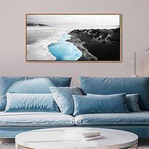 YCPRIMER Blue Beach Wall Art - Large Framed Canvas Coastal Wall Decor Ocean Landscape Painting, Moden Seaside Picture for Living Room, Bathroom, Bedroom Artwork Decoration Size 29×58Inch