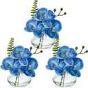 Oairse Blue Orchids Artificial Flowers Faux Orchids Arrangement in Clear Glass Vases Set of 3 Real Touch Phalaenopsis Orchid Flowers Small Fake Orchid Centerpiece for Dining Room Table