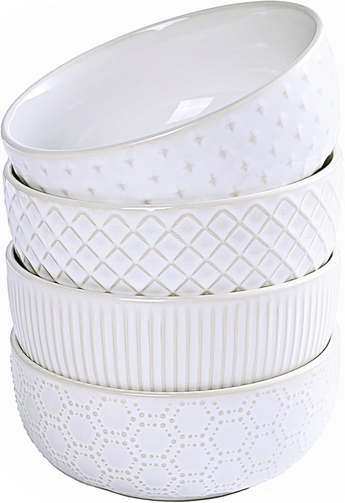 Pyrilo Porcelain Soup bowls 26 oz, Ceramic Cereal Bowls for Kitchen, Embossment Stoneware Bowl for Pho, Soup, Fruits, Salad, Noodle, Ramen, Suit For Housewarming - 6 Inch, Set of 6（white）