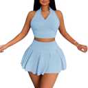 RoseSeek Women's 2 Piece Tennis Skirt Set Sleeveless Racerback Crop Tank Tops High Waisted Pleated Mini Skirt Outfits Pure Blue Large