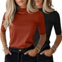 Ficerd 2 Pack Women's Mock Turtleneck T Shirts, Half Sleeve Business Casual Tunic Tops Slim Fit Summer Basic Dressy Tee Shirt (Medium, Black/Pumpkin)