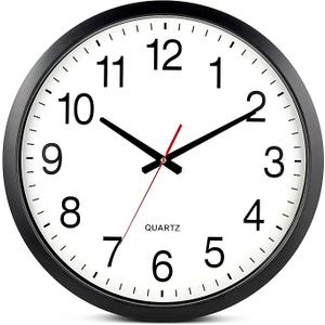 Bernhard Products Black Wall Clock Silent Non Ticking 10 Inch Quality Quartz Battery Operated Round Easy to Read Home/Office/Kitchen/Classroom/School Clock Sweep Movement