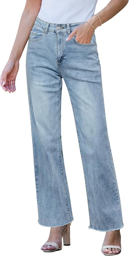 GRAPENT Straight Leg Jeans for Women High Waisted Stretchy Frayed Raw Hem Loose Denim Pants Casual Baggy Jean Trousers (Medium, Ice Blue)