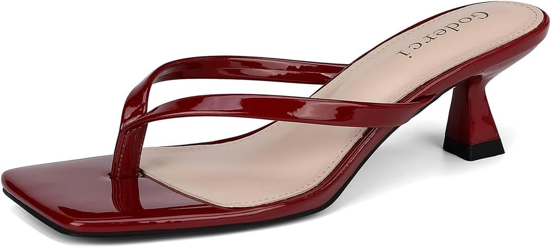 Goderci Kitten Flip Flop Thong Low Heels for Women Square Open Toe Slip On Heeled Sandals (Red,8.5)