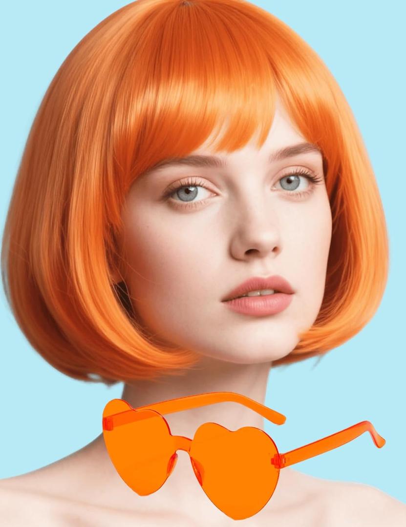 Orange Bob Wig with Heart Sunglasses - Heat-Resistant, Synthetic Fiber, Adjustable and Natural Looking