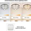 13.8" Flush Mount Chandelier LED Crystal Ceiling Light Fixture 3 Tier Ring Crystal Chandeliers for Bedrooms Dining Room Living Room,3 Colors Adjustable, L 13.8 Inches x H 6.3 Inches