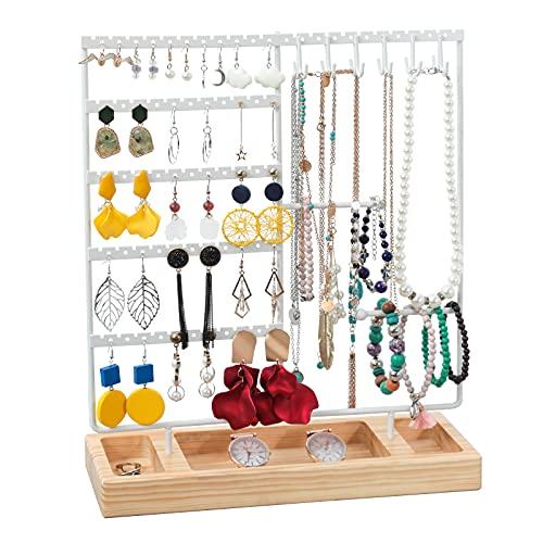 X-cosrack Earring Holder, 5-Tier Jewelry Organizer with Wooden Tray, 132 Holes, White+Natural