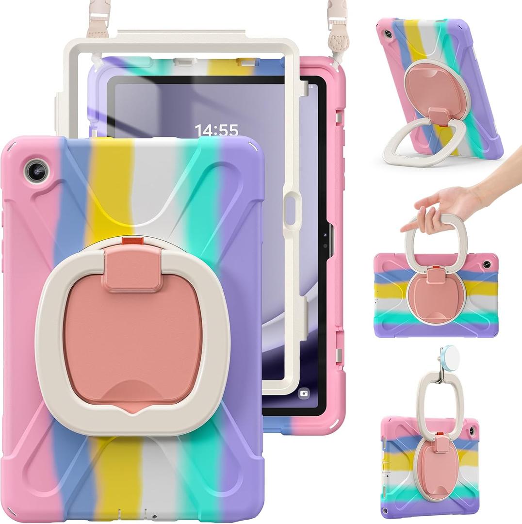BRAECN Case for Samsung Galaxy Tab A9 Plus/ A9+ 11 2023 (SM-X210/X216/X218), Heavy Duty Rugged Cover with Screen Protector, 360 Degree Rotating Stand, Stable Kickstand, Shoulder Strap, Colorful Pink